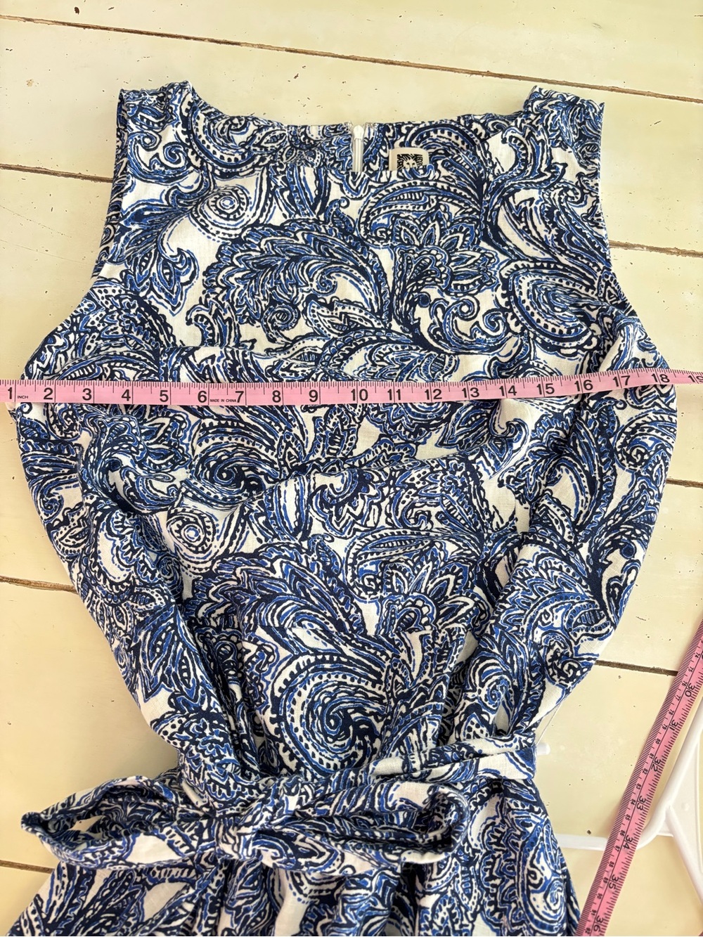 Anne Klein Fit & Flare Paisley Dress Size 16 Blue & White  w/ Belt Linen Blend - Picture 7 of 8